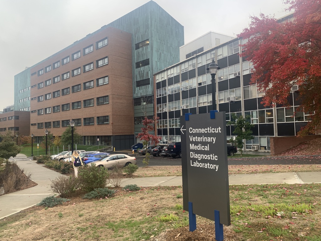 A large building that looks like a hospital with a parking lot in front of it. A prominent signs reads, "Connecticut Veterinary Medical Diagnostic Laboratory."